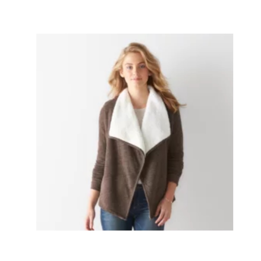 Women's SONOMA Sherpa French Terry Cardigan Nutmeg Heather NWOT